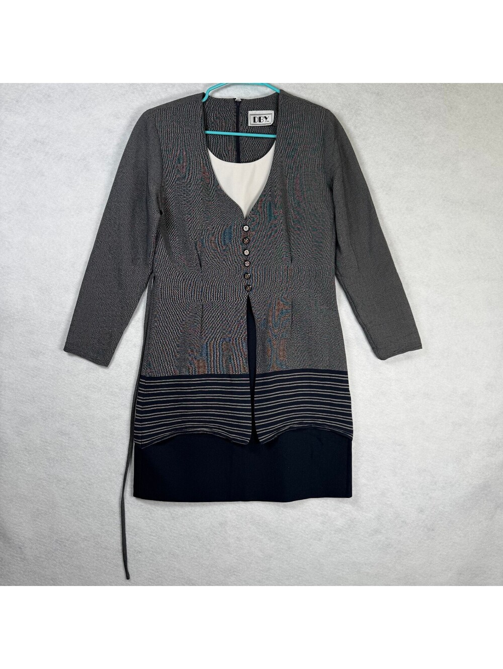 DBY Gray and Navy Button Front Midi Dress with Long Sleeves